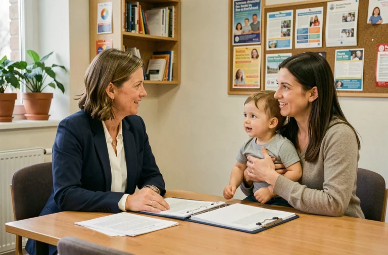 Assistante sociale accompagnant une jeune mère et son enfant dans un bureau de service familial