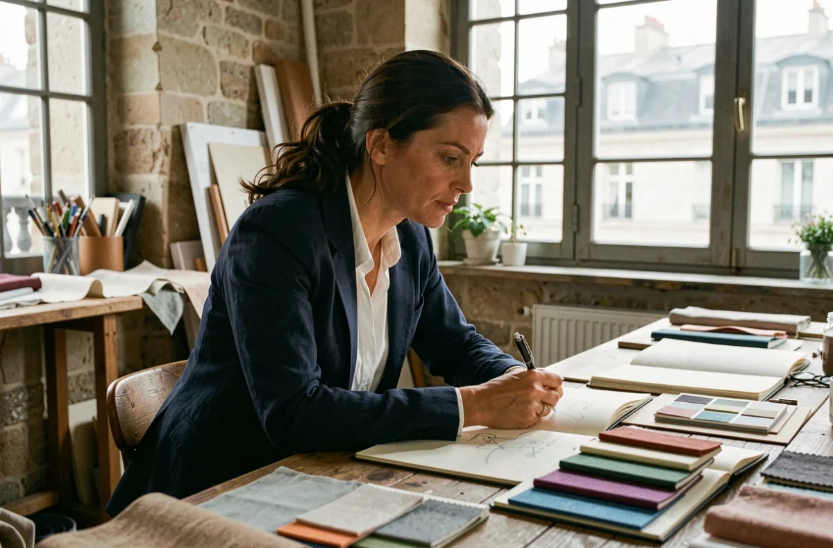 Aline Le Bail Kremer, créatrice et entrepreneuse, travaille dans son atelier parisien entouré de tissus et de croquis