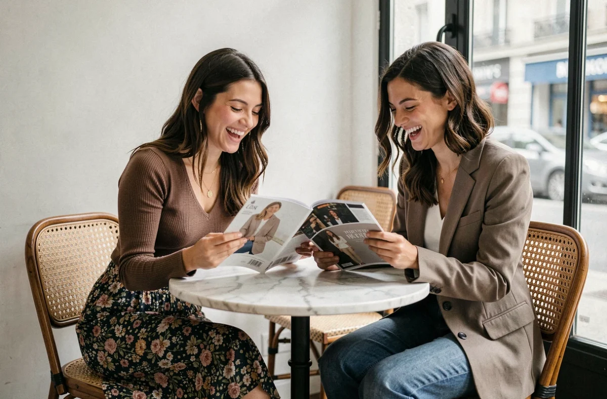 Deux amies branchées discutant des dernières tendances mode autour d'un magazine dans un café parisien moderne