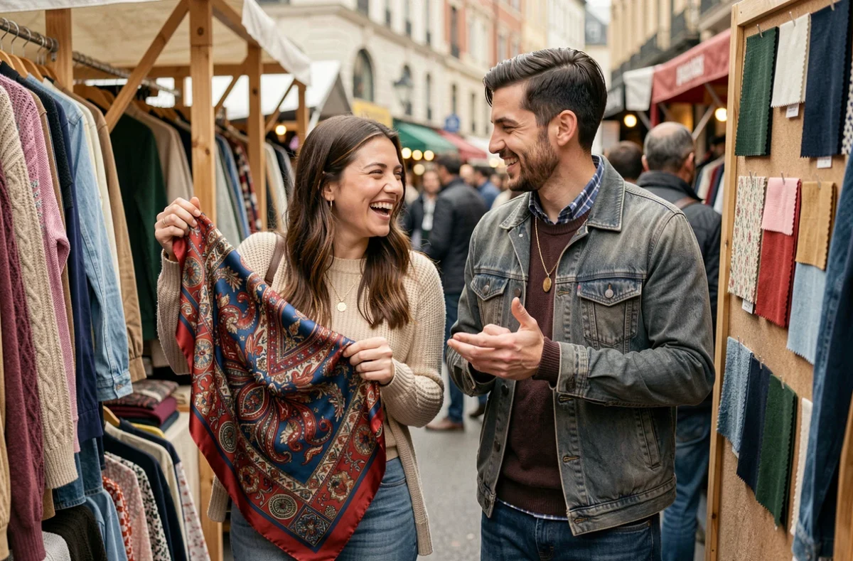 Deux amis souriants comparant des pièces tendance dont une écharpe en soie colorée sur un marché de mode vintage animé