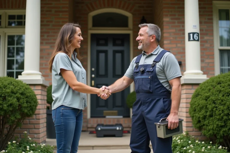 Homme artisan serrant la main d'une femme devant une maison