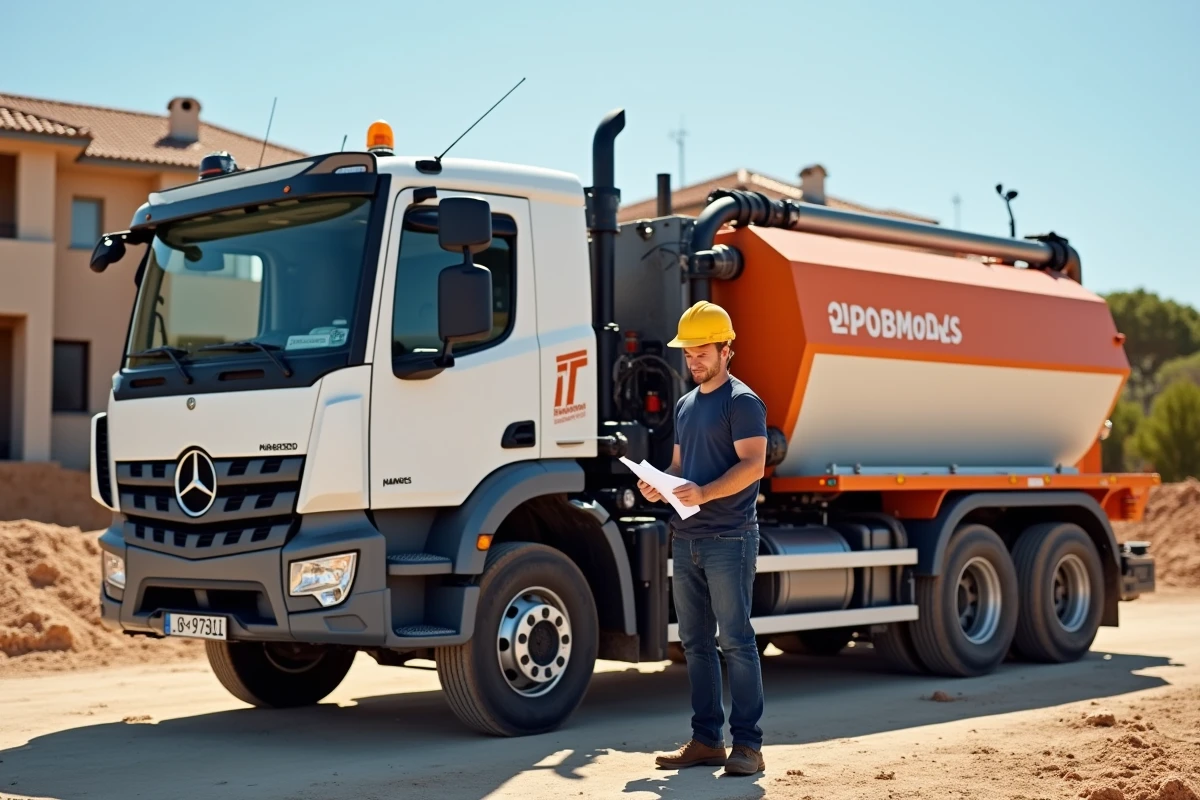 Camion de location de pompe à chape garé sur un chantier résidentiel dans le Gard