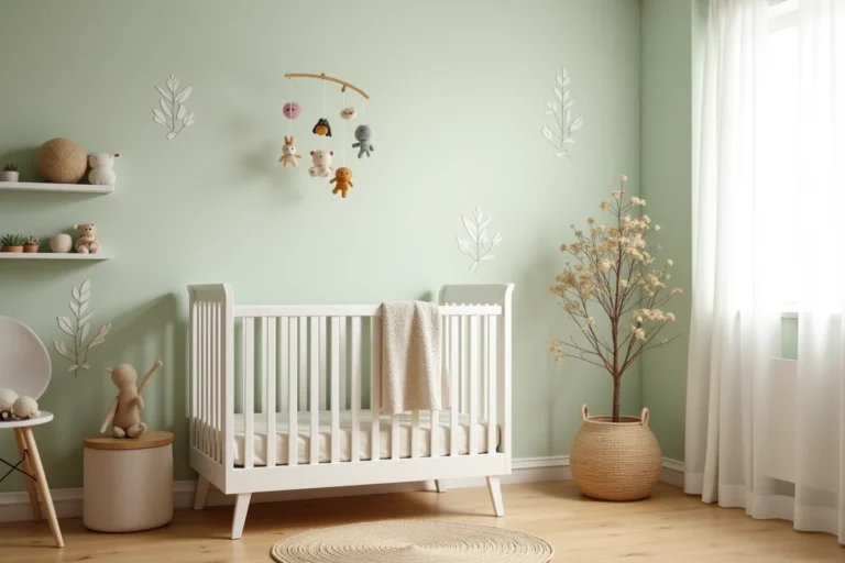 Chambre de bébé aménagée avec style, lit en bois blanc, literie en mousseline ivoire et étagère en rotin avec peluches