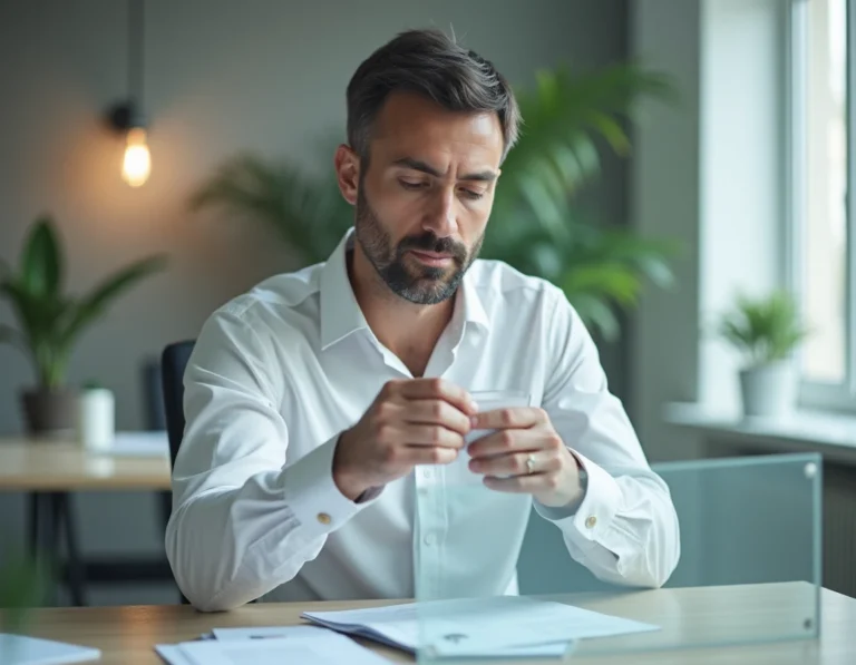 Homme en chemise blanche retirant un logo d'entreprise d'une vitre de bureau, symbolisant un changement d'identité de marque
