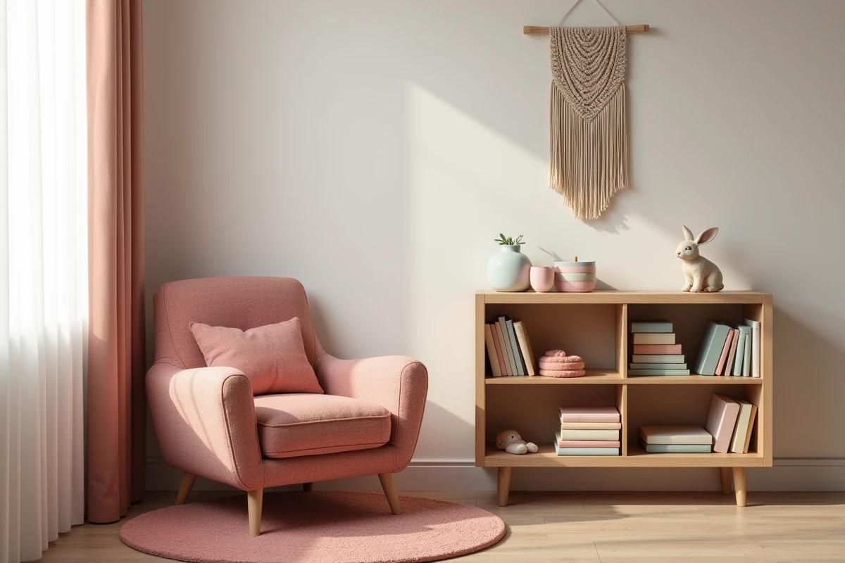 Coin lecture douillet dans une chambre de bébé avec fauteuil en bouclé rose, bibliothèque en bois et tapis en laine terracotta