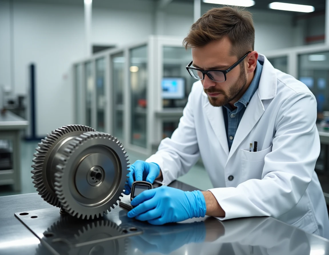 Ingénieur qualité mesurant avec un pied à coulisse une pièce d'engrenage métallique lors du contrôle qualité en industrie
