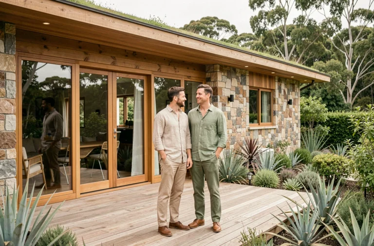 Couple debout sur la terrasse en bois d'une maison écologique moderne entourée d'un jardin végétalisé avec toit vert