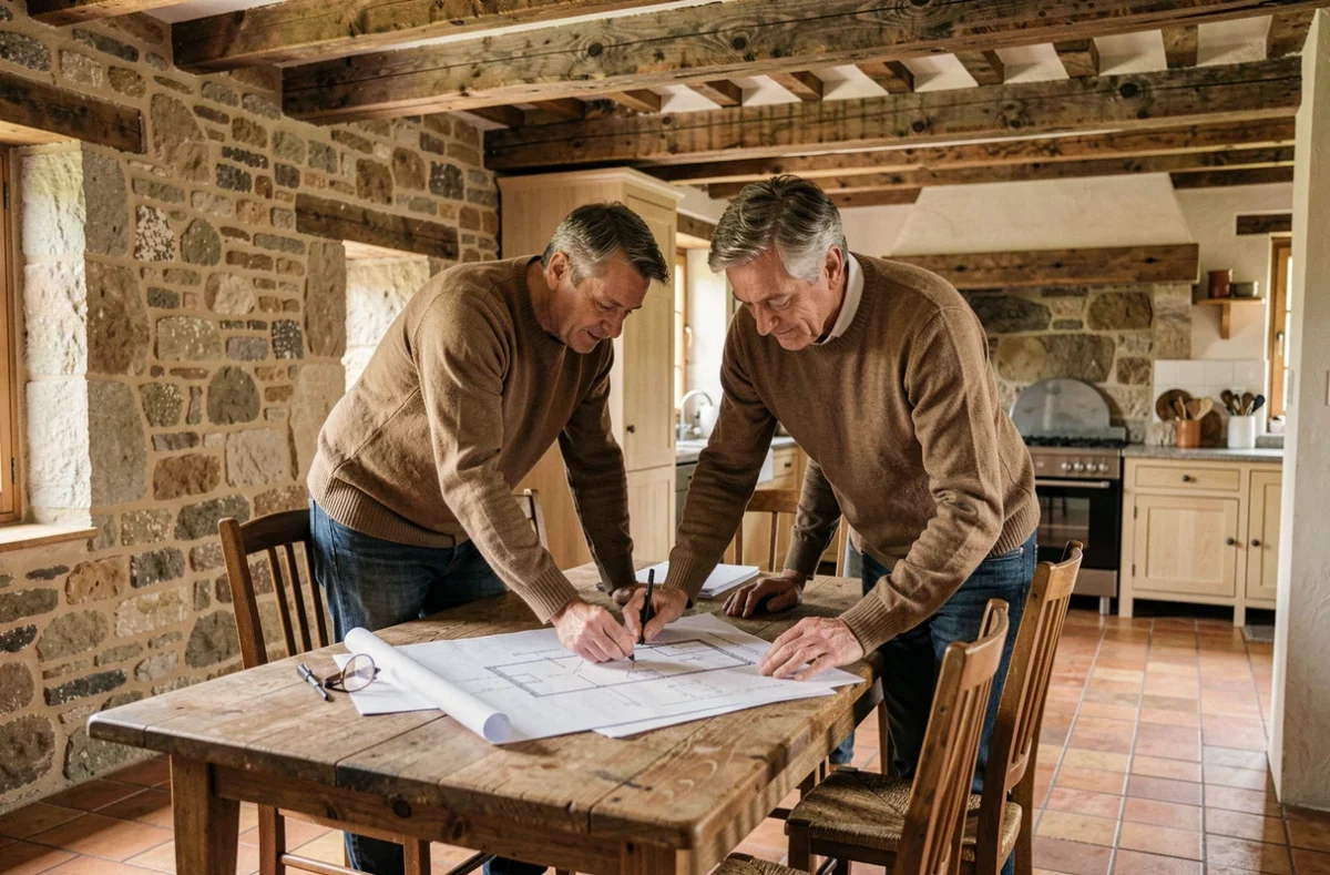 Couple examinant des plans de rénovation dans une maison de campagne française aux murs en pierre apparente