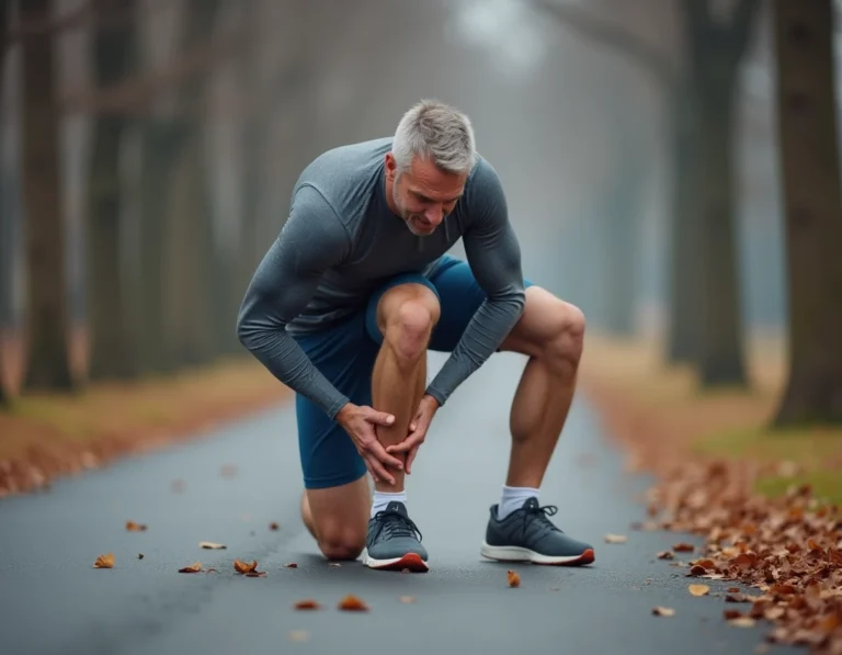 Coureur masculin saisissant son mollet douloureux lors d'une session de course à pied sur un chemin de parc en automne