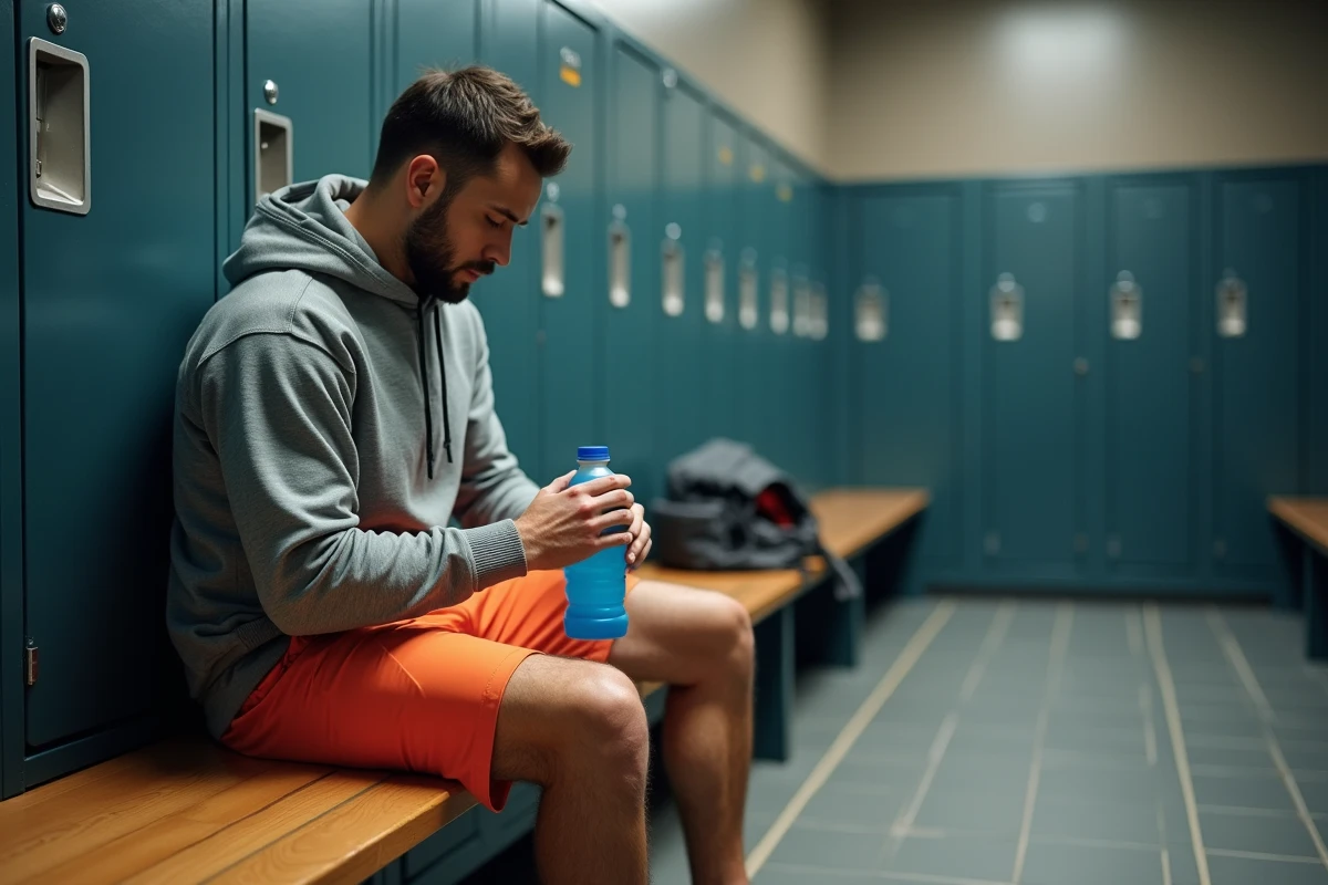 Coureur préparant sa boisson Powerade dans un vestiaire avant l'effort sportif