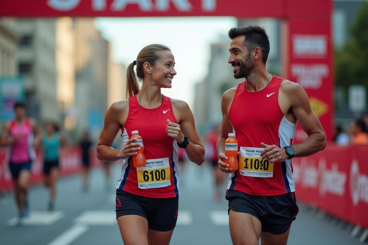 Deux coureurs discutant avec des bouteilles de Powerade au départ d'une course urbaine
