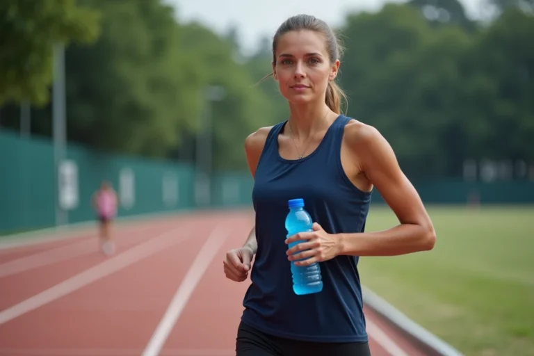Coureuse tenant une bouteille de Powerade bleu avant une course sur piste extérieure