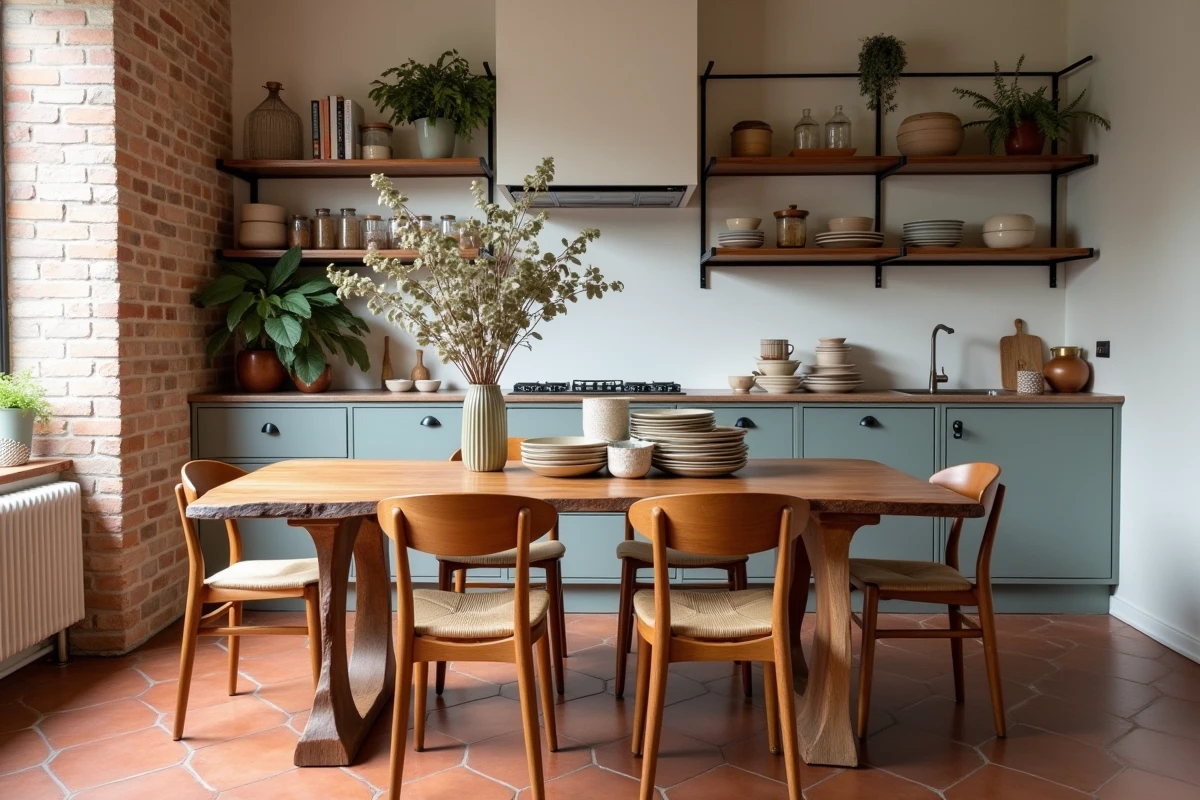 Cuisine salle à manger rénovée avec une table en noyer, des chaises vintage dépareillées et une décoration en céramique artisanale