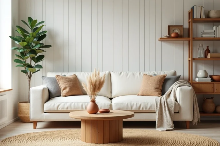 Salon scandinave décoré avec un canapé en lin crème, une table basse en chêne et une plante fiddle-leaf fig dans un pot en terre cuite