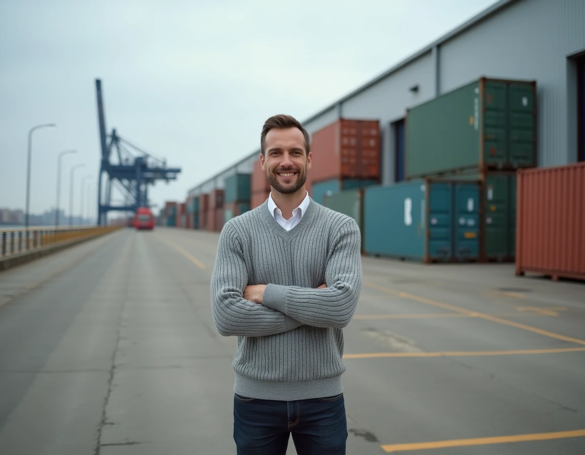 Entrepreneur normand devant un entrepôt logistique du port du Havre avec conteneurs maritimes