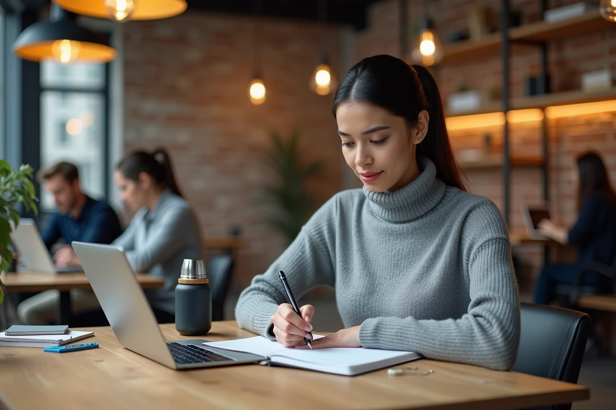 Jeune femme entrepreneure prenant des notes dans un espace de coworking moderne, entourée d'outils de planification pour développer son activité en ligne
