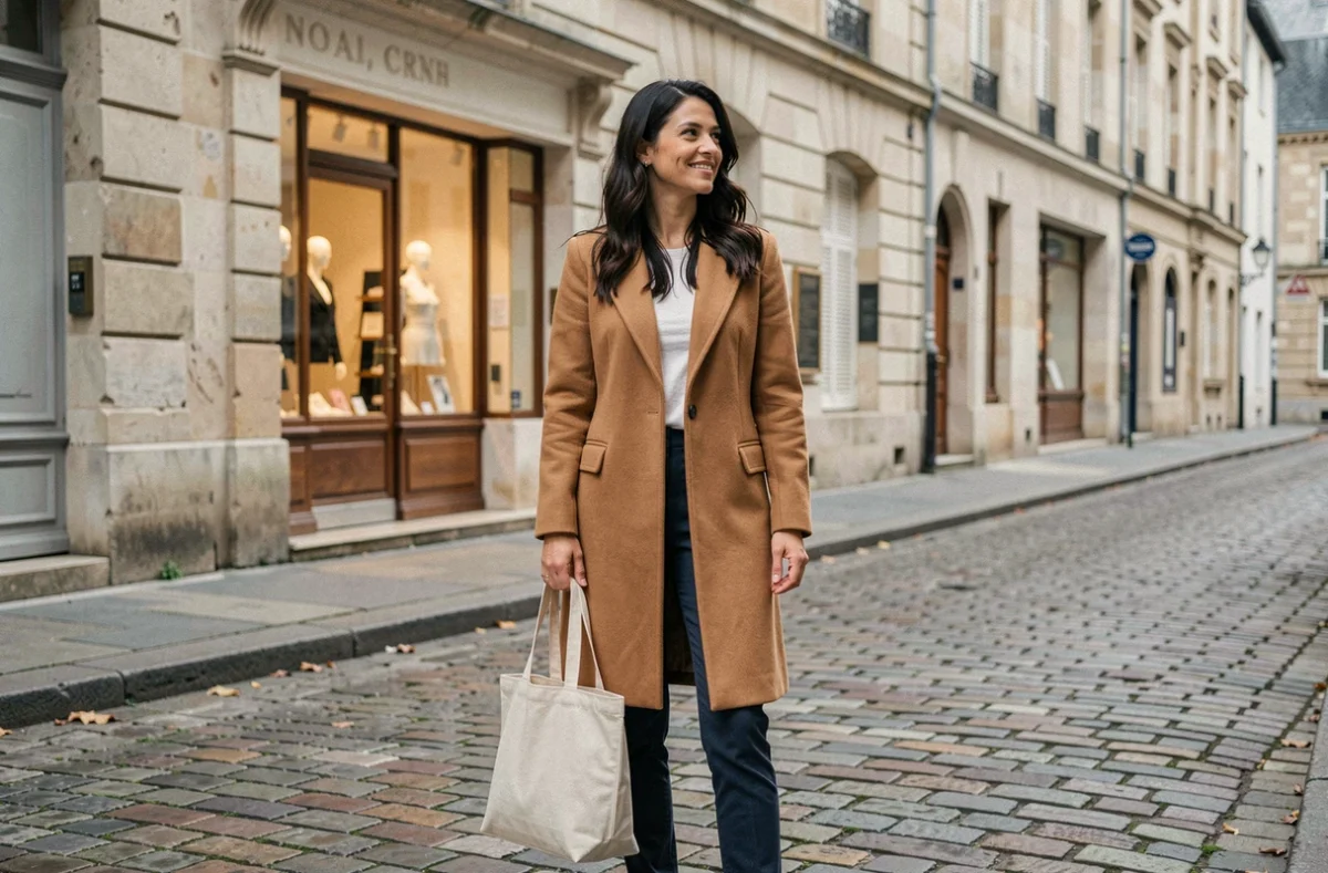 Entrepreneuse inspirante posant dans une rue pavée parisienne, incarnant l'élégance et la créativité française