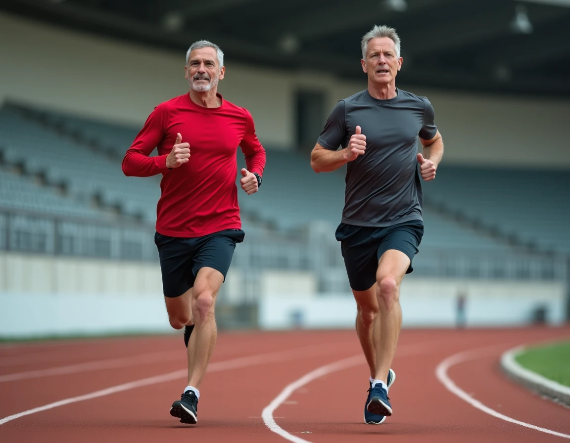 Deux coureurs en salle d'athlétisme illustrant les erreurs de foulée pouvant provoquer une blessure au mollet