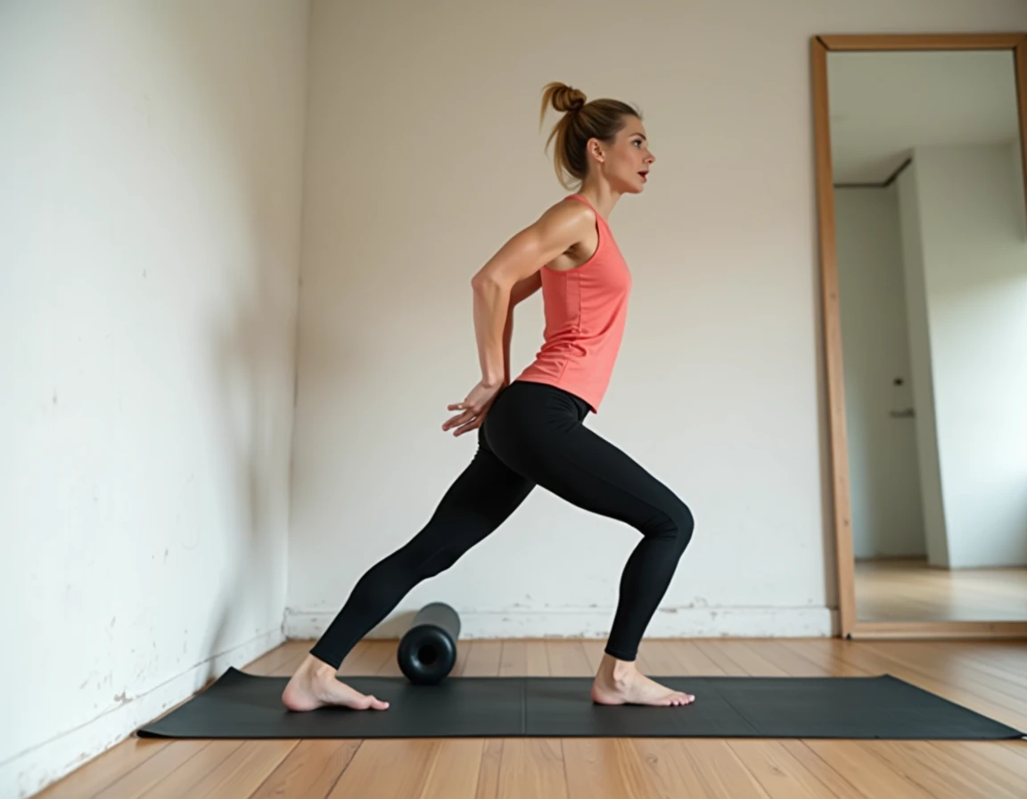 Femme effectuant un étirement excessif du mollet sur tapis de yoga dans une salle de sport minimaliste à domicile