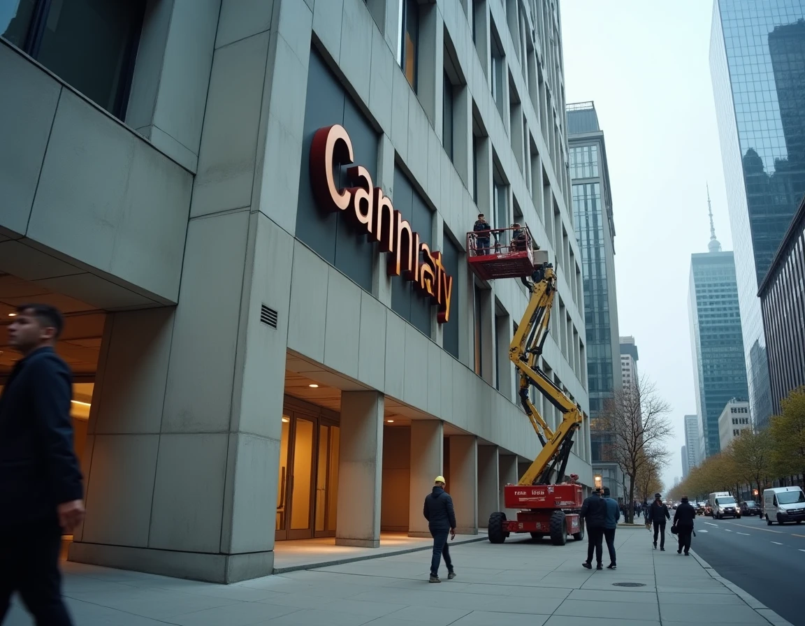 Façade d'immeuble commercial avec des ouvriers remplaçant les lettres de l'enseigne d'une entreprise lors d'un changement de nom