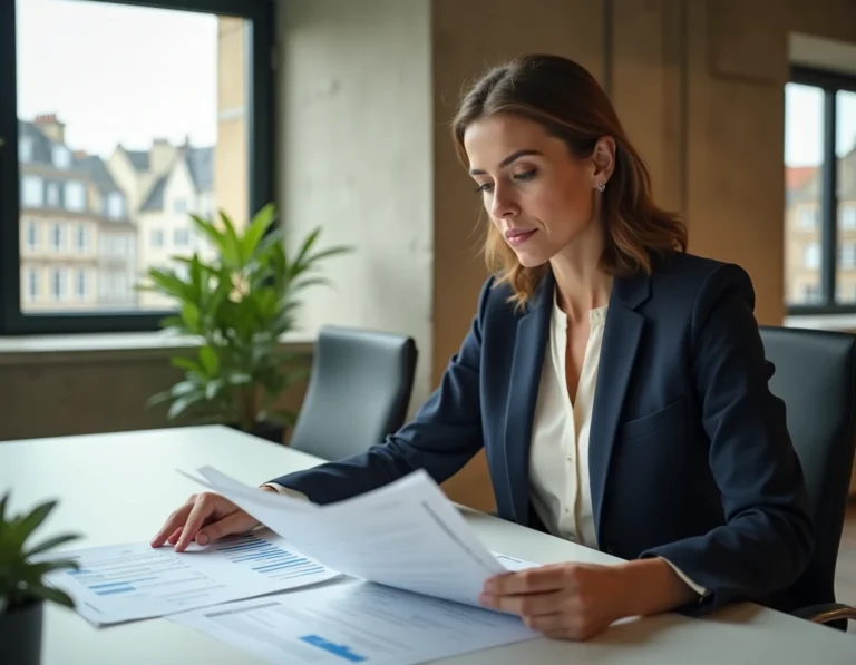 Femme d'affaires normande consultant des rapports économiques dans un bureau moderne avec vue sur Rouen