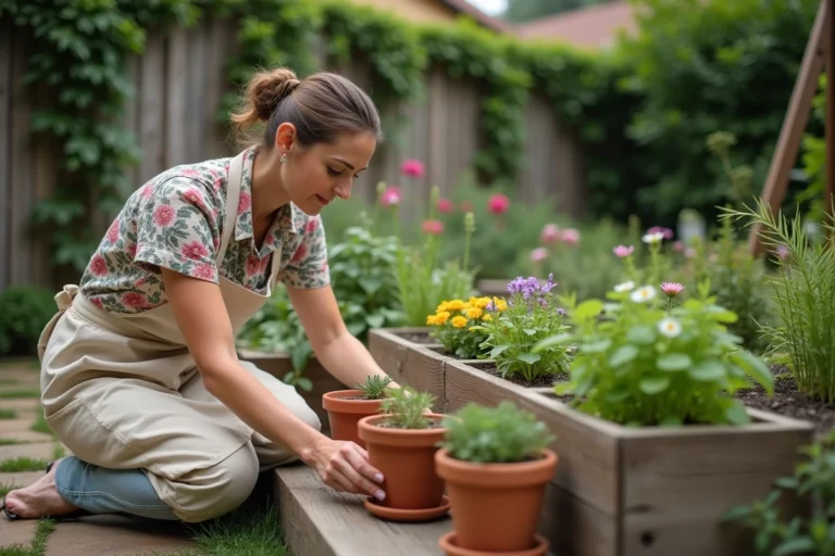 Femme aménageant des pots de fleurs en terre cuite dans un jardin paisible avec une pergola en bois et des rosiers grimpants