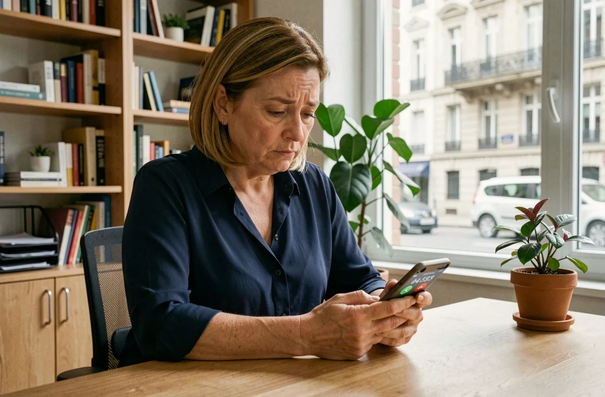 Femme consultant son smartphone affichant un numéro de téléphone français commençant par 04 dans un bureau à domicile à Lyon