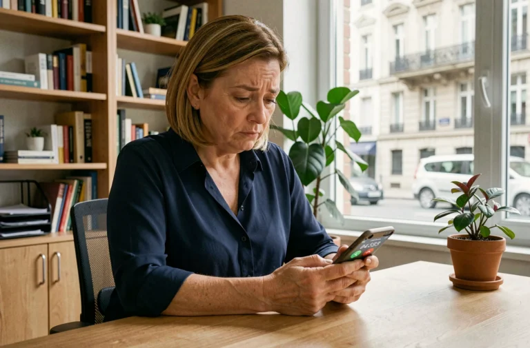 Femme consultant son smartphone affichant un numéro de téléphone français commençant par 04 dans un bureau à domicile à Lyon