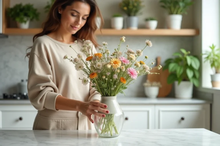 Femme en intérieur arrangeant un bouquet de fleurs sauvages