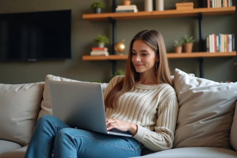 Jeune femme assise sur un canapé avec un ordinateur portable