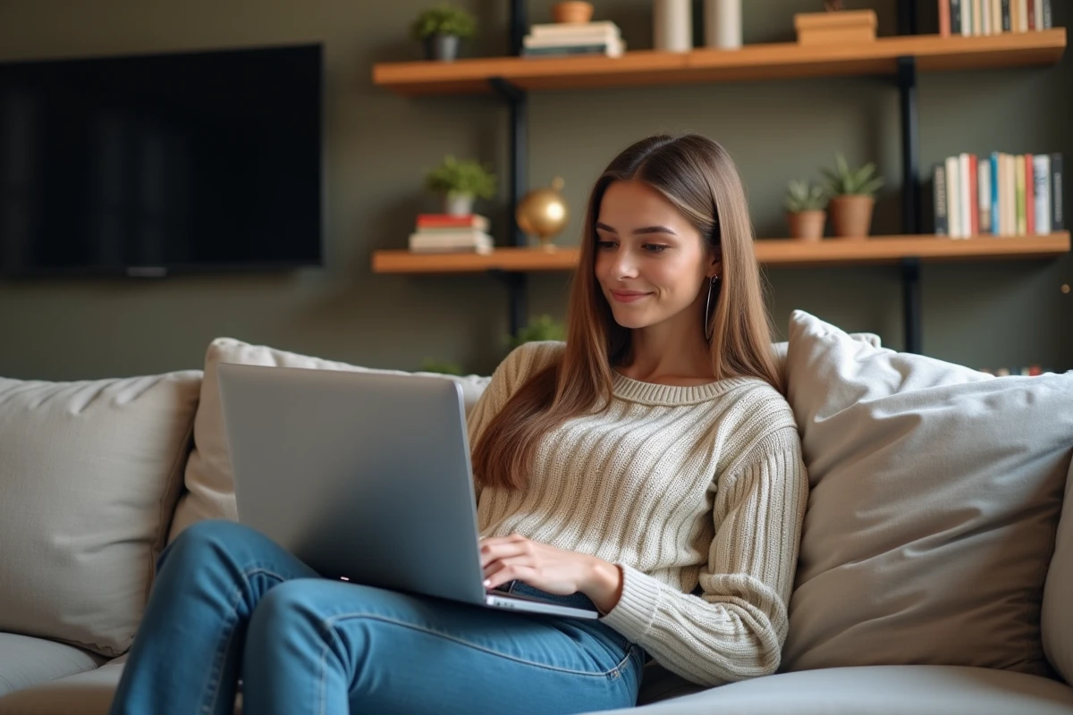 Jeune femme assise sur un canapé avec un ordinateur portable