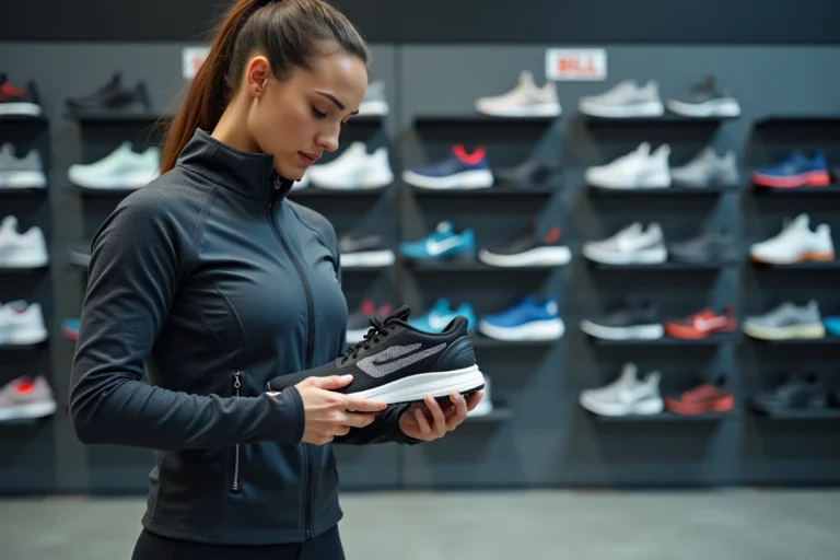 Femme sportive choisissant des chaussures de running dans un magasin d'équipement sportif spécialisé