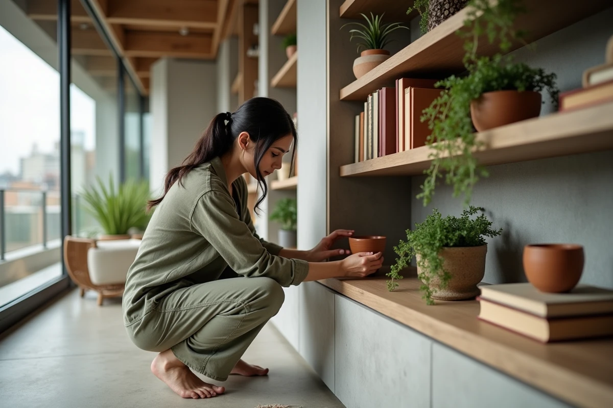 Femme aménageant une étagère avec des céramiques et des plantes dans un appartement moderne aux murs en béton