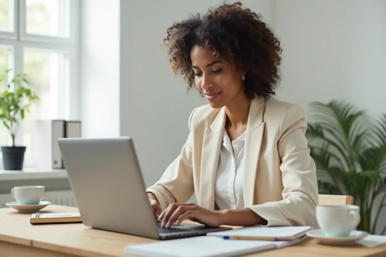 Femme entrepreneur en blazer crème travaillant sur son ordinateur portable dans un bureau à domicile minimaliste, illustrant l'entrepreneuriat féminin en ligne