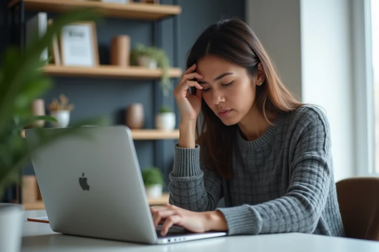 Femme frustrée devant un message d'erreur de connexion sur son ordinateur portable à son bureau à domicile