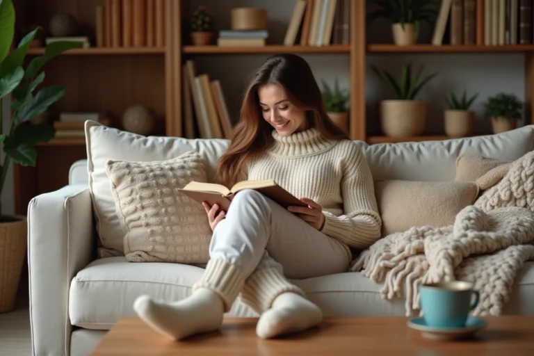Femme lisant confortablement dans un salon chaleureux
