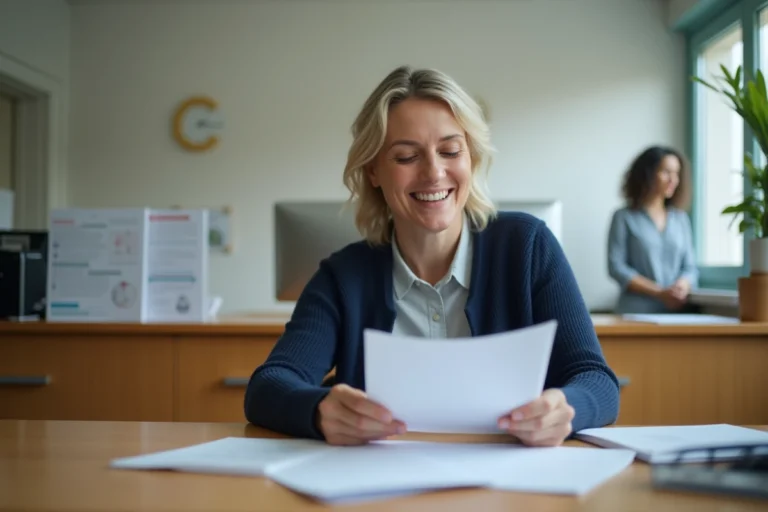 Femme consultant des documents administratifs dans une mairie pour obtenir une aide financière de 400 euros en 2024