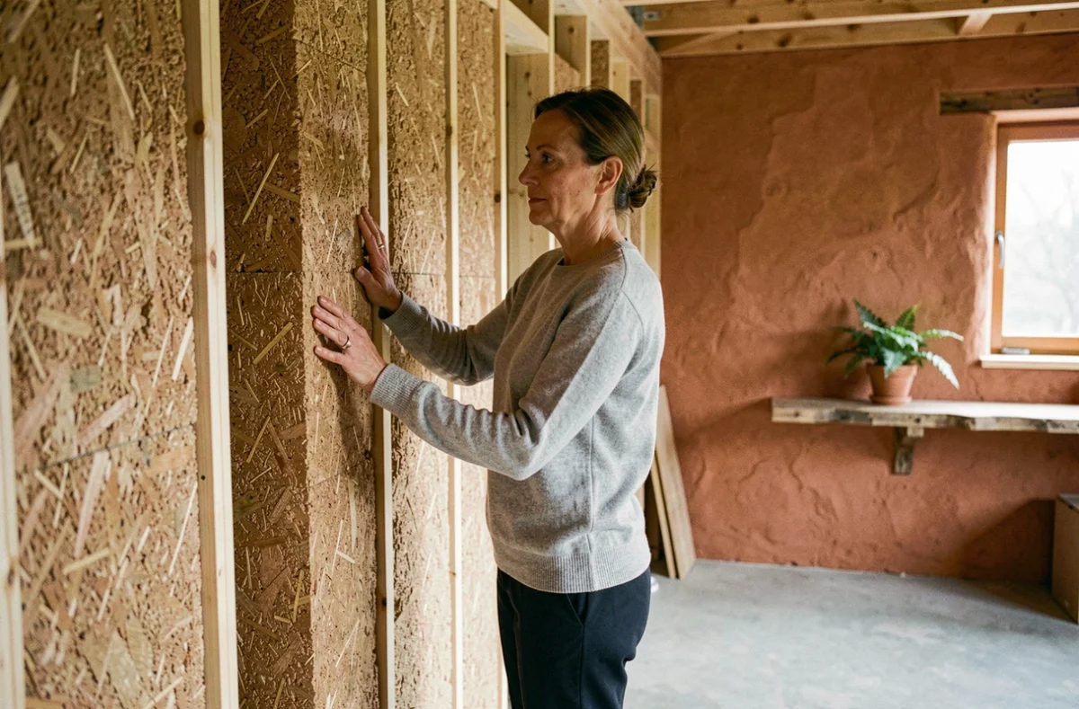 Femme inspectant des matériaux d'isolation naturelle en chanvre et fibre de bois dans l'intérieur d'une maison passive en bois