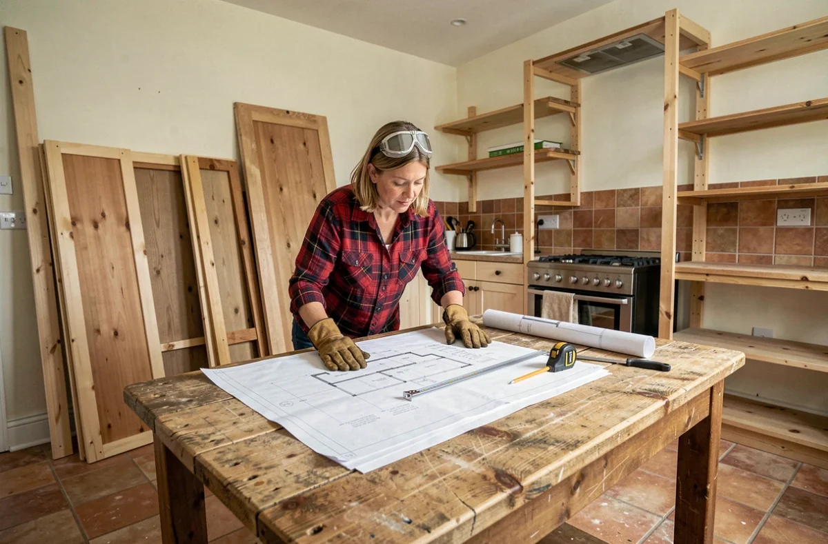 Femme consultant des plans d'aménagement dans une cuisine en cours de rénovation