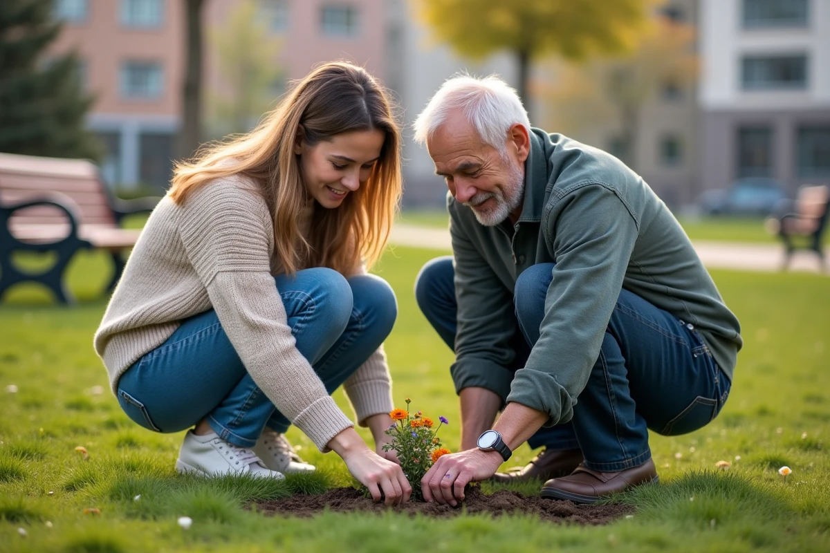 Jeune femme plantant des fleurs avec un homme dans un parc