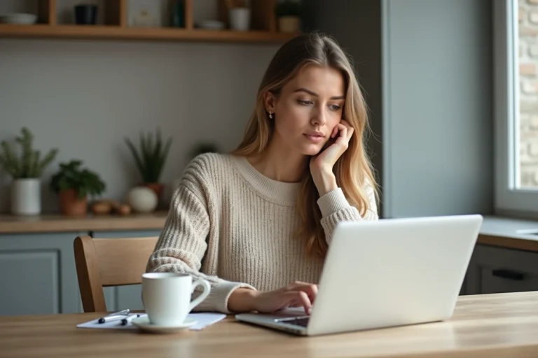 Femme en intérieur préparant une annonce immobilière