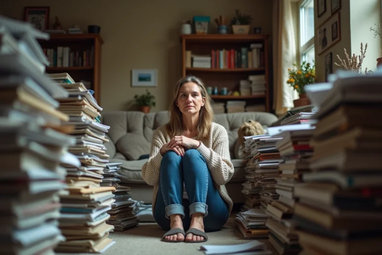 Femme méditative dans une pièce encombrée de journaux