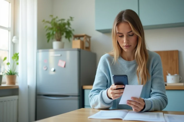 Femme regardant son bulletin de salaire dans une cuisine