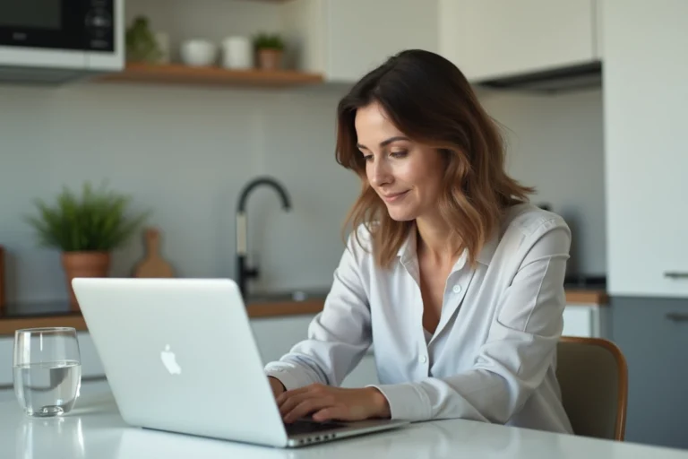 Femme utilisant un ordinateur dans une cuisine moderne