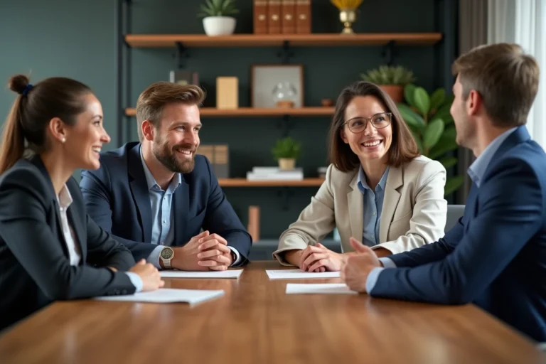 Groupe de professionnels souriants en réunion de travail