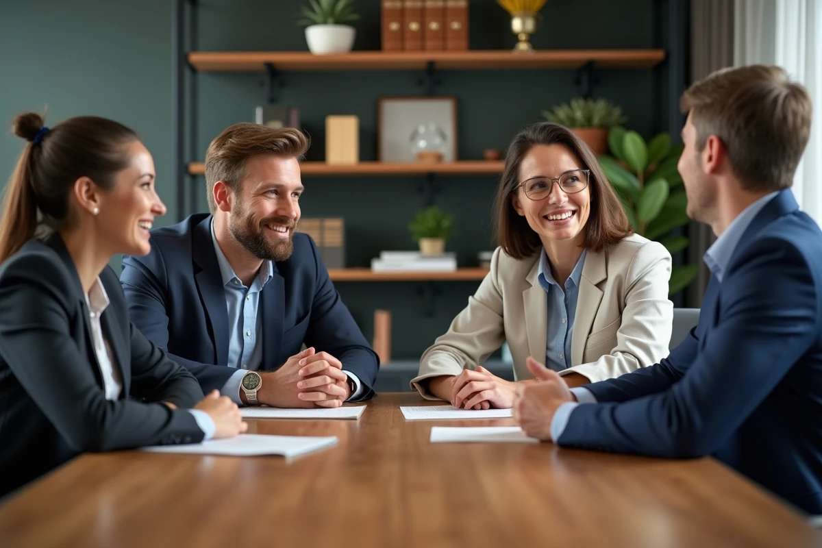 Groupe de professionnels souriants en réunion de travail