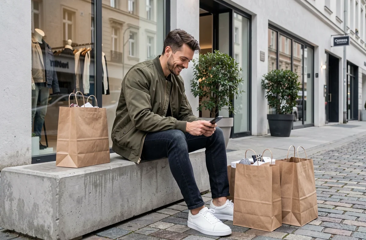 Homme tendance assis devant un concept store contemporain avec ses achats de saison dans des sacs kraft sur une zone piétonne