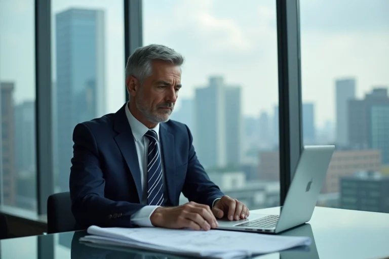Homme d'affaires en costume regardant des documents immobiliers