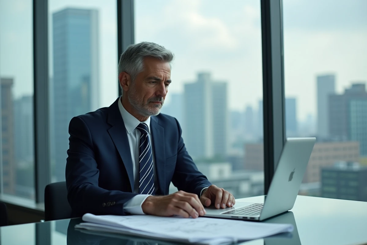 Homme d'affaires en costume regardant des documents immobiliers