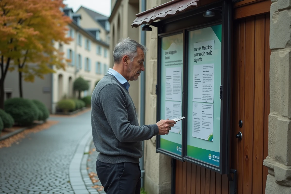 Homme lisant une affiche d'aide municipale de 400 euros affichée à l'entrée d'une mairie française